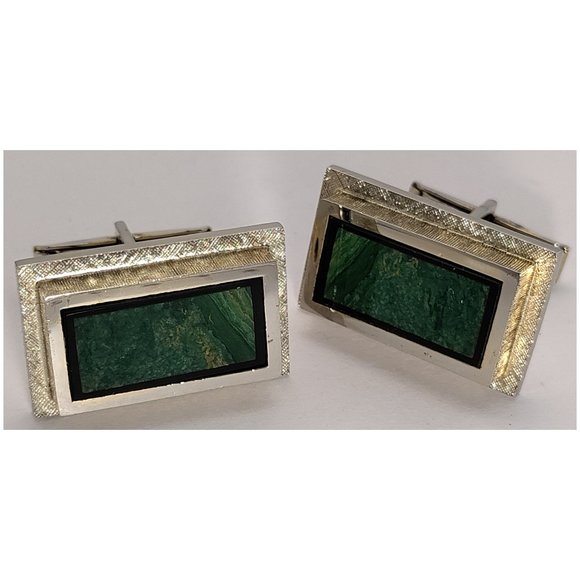 Solid Sterling Silver Green Marble Onyx Inlay Cufflinks - Picture 1 of 7